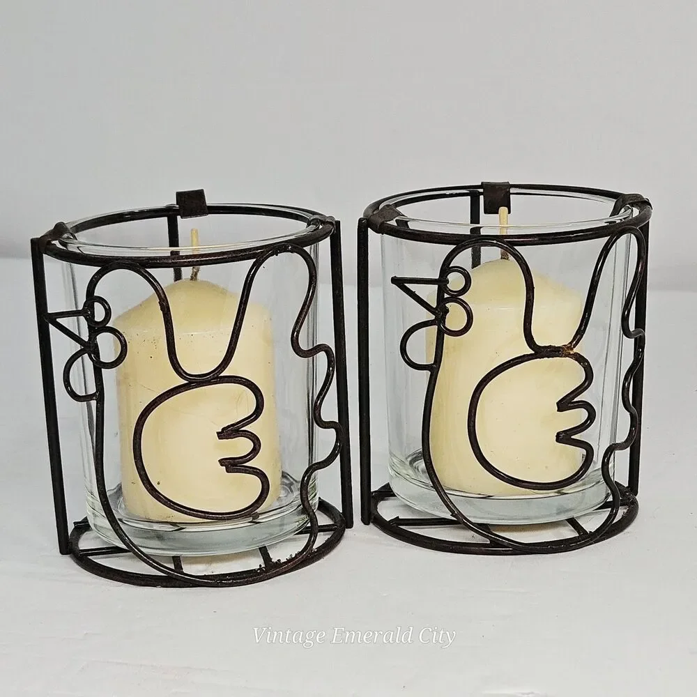 Vtg Chicken Bird Tea Light Votive Candle Holder Clear Glass Rustic Metal Holder